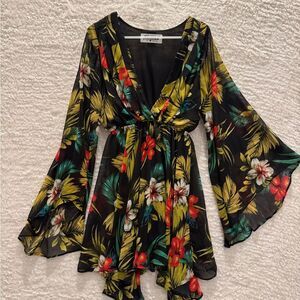 medium-Meghan LA Black Floral Sheer Kimono tropical beach Hawaii vacation dress